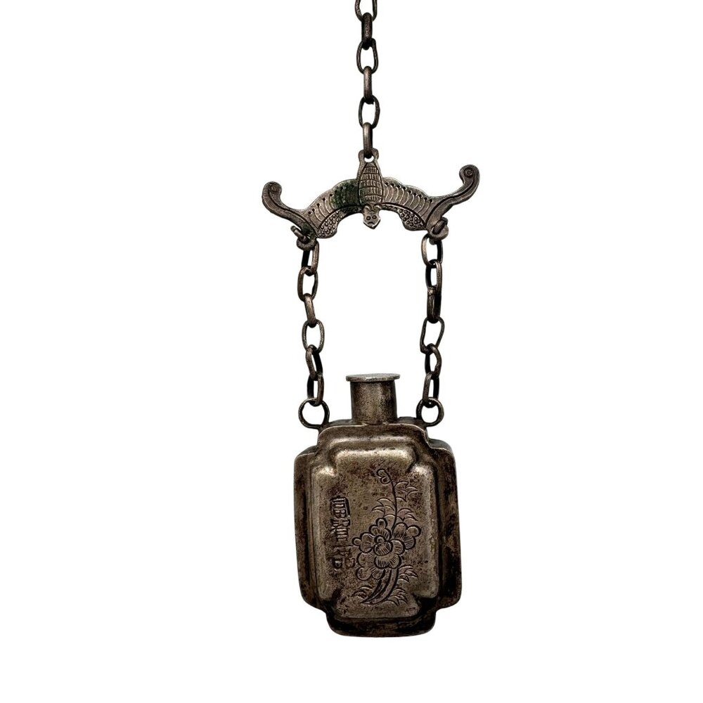 Snuff Bottle Antique Silver ? Colored Handcrafted Hangs from 2 Sided Bat Figure